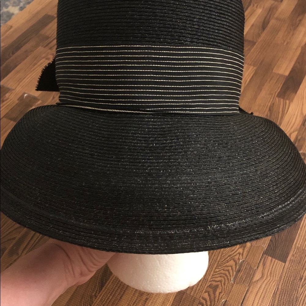 Marshall Fields Black Wide-Brim Hat with Striped Band and Bow
